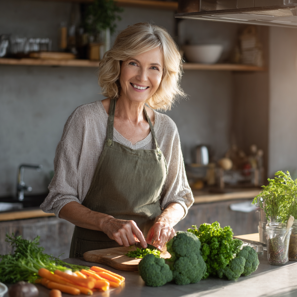 Happy Ukrainian family preparing healthy meal together in modern kitchen, showing balanced nutrition approach